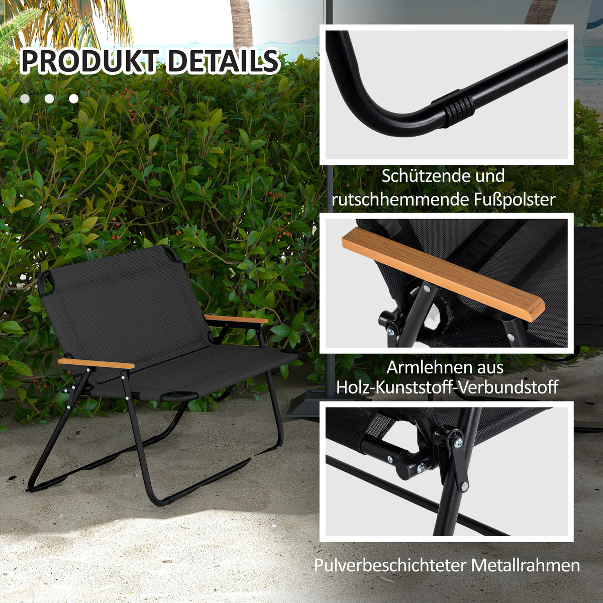 Outsunny Klappstuhl, atmungsaktiv, Holz-Kunststoff-Armlehnen, 108x65x73cm, Schwarz-Natur