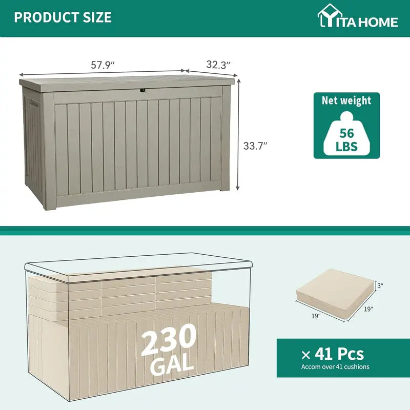 YITAHOME XXL 230 Gallon Lockable Outdoor Storage Deck Box, Resin, Grayish-White, for Patio Furniture & Garden Tools