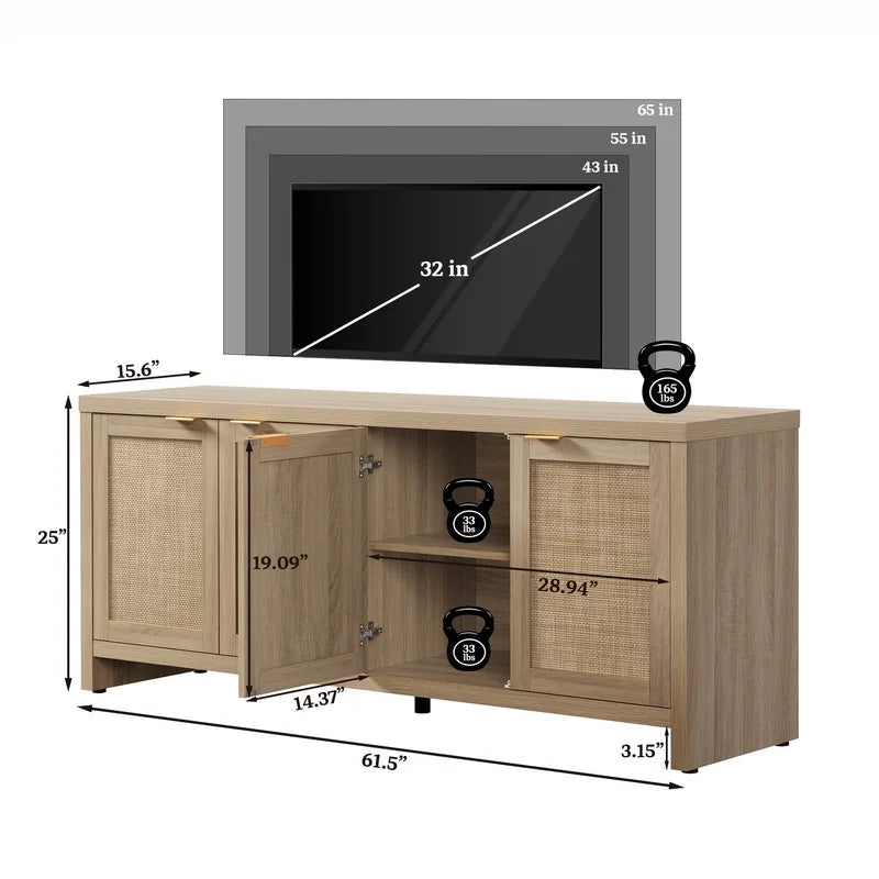 SICOTAS 61.5"w Rattan TV Stand with 4 Doors, Boho Entertainment Center with Adjustable Shelves & Spacious Countertop - Large Boho Farmhouse Media Console for Living Room, Reclaimed Caramel Oak