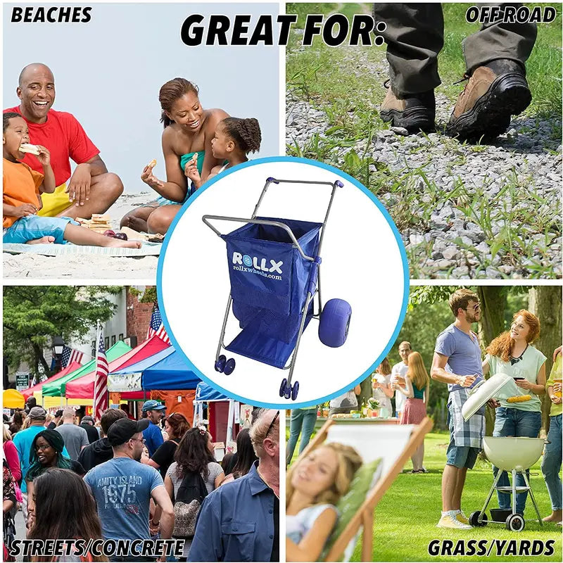 RollX Foldable Beach Cart – 12″ Balloon Tires, Mesh Storage Pockets & Umbrella Holder (Blue)