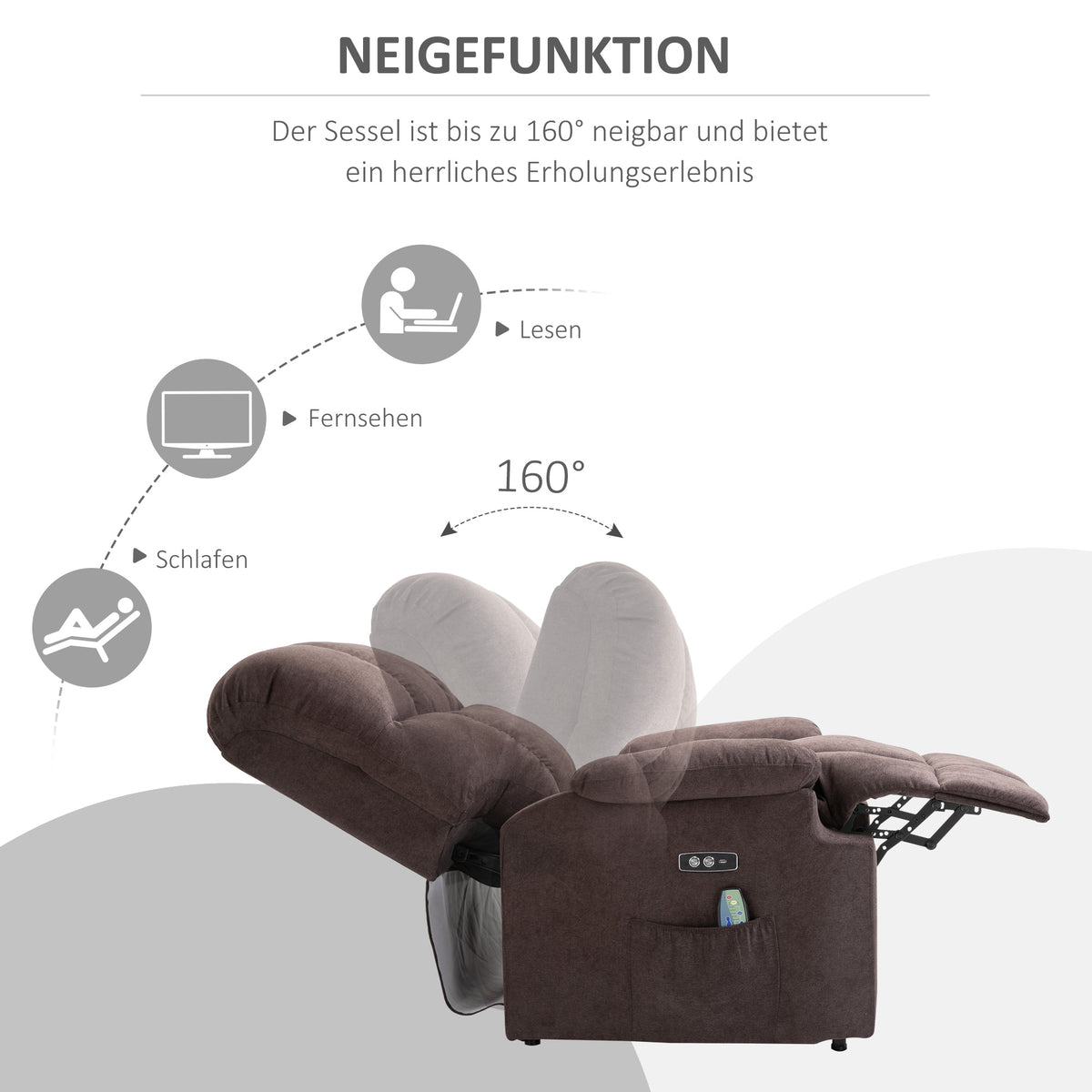 HOMCOM Massagesessel mit Aufstehhilfe, Relaxsessel mit Aufstehhilfe, inkl. Fernbedienung, USB-Schnittstelle, Braun