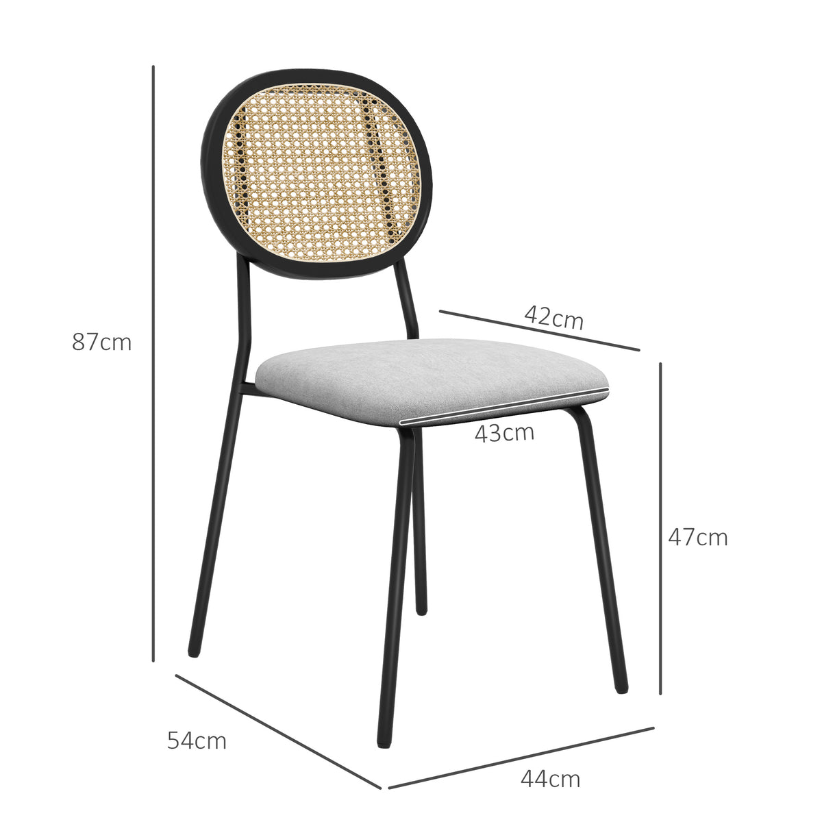 HOMCOM Set mit 2 Dining-Stühlen, Küchenstühle, Rattanrücken, atmungsaktiver Stoff, Stahlrahmen, 44 x 54 x 87 cm, Grau