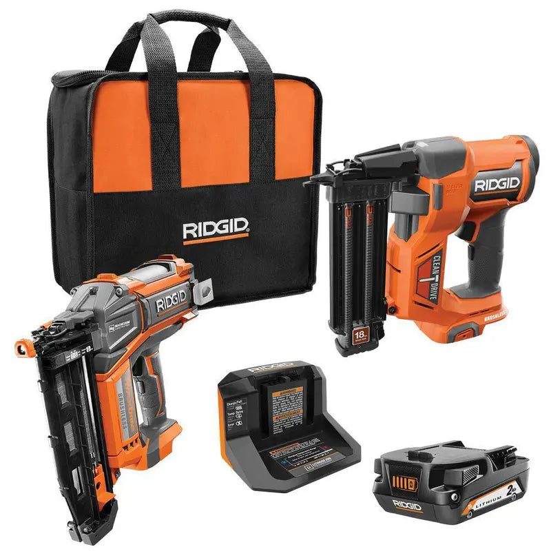 RIDGID 18V Brushless Cordless Nailer Combo Kit – Brad and Finish Nailers, Dual Batteries, Fast Charger, and Pro-Grade Build Quality