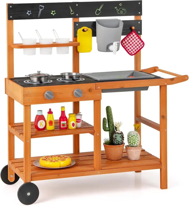 OLAKIDS Outdoor Mud Kitchen Playset – Rolling Wooden Kids' Cooking Station with Removable Sink, Accessories, and All-Terrain Wheels for Ages 3+