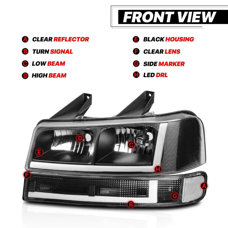 Set of 4 LED Running Light Bars (L+R) with Black Headlights & Bumper Signals – Direct-Fit Upgrade for 2003–2023 Chevrolet Express Vans
