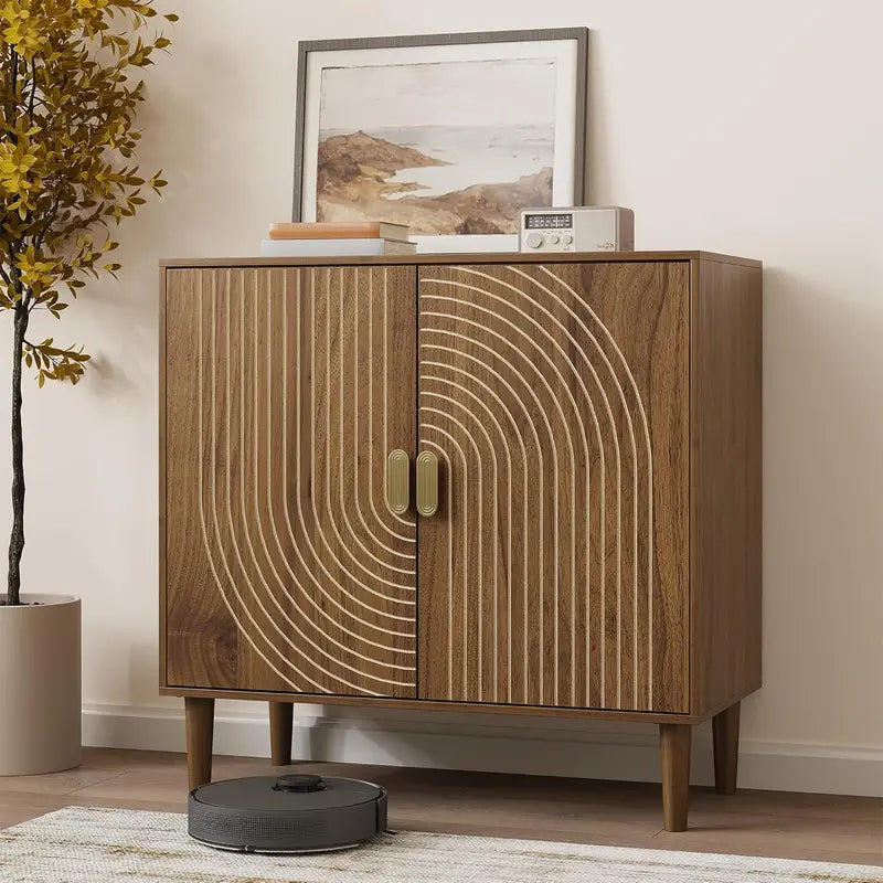 Walnut-Finished Freestanding Buffet Cabinet with Linear Groove Accent Design