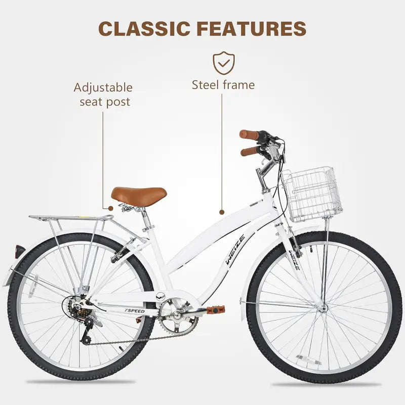 WEIZE 26″ Beach Cruiser Bike – 7-Speed Commuter Bicycle with Fenders, Rear Rack, Ergonomic Upright Frame & Comfort Saddle