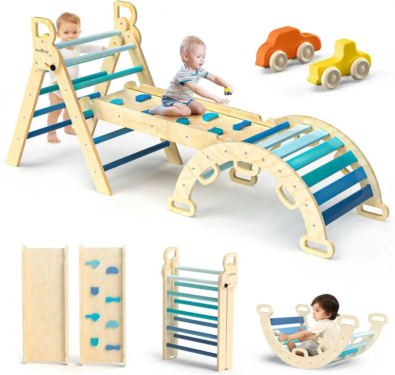 Rainbow Pikler Triangle 7-in-1 Foldable Baby Climbing Set – Wooden Montessori Toys with Arch, Ramp & Ladder for Toddlers Indoor Gym