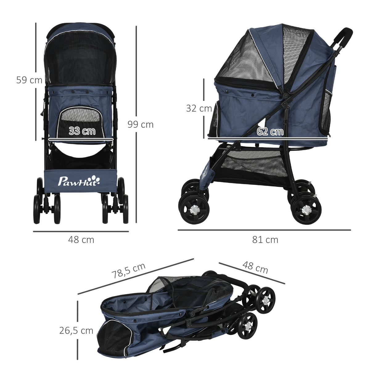 PawHut Hundewagen Hundebuggy bis 10 kg Klappbar Bodenkorb Kissen Seitentasche 81 cm x 48 cm x 99 cm Grau