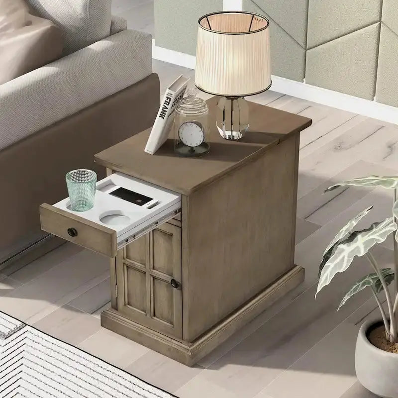 Retro-Style End Table with USB Charging Ports and Multi-Use Drawer Featuring Built-in Cup Holders