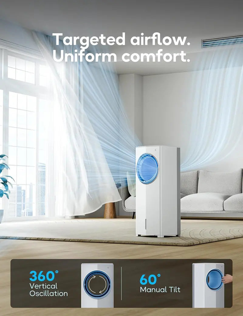 Windowless Evaporative Air Cooler – Compact 26.3″ Portable Unit with 3 Speeds, 4 Modes, 7-Hour Timer, Ice Packs & Remote for Bedroom Use