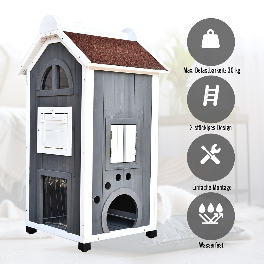 PawHut Katzenhaus für Katzenbett oder Katzentoilette, Katzenschrank, Katzenklo Indoor, Tannenholz, Asphaltdach, Grau, 59 x 55 x 109 cm