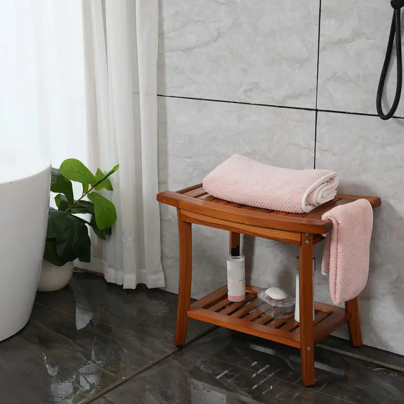 Utoplike Teak Shower Bench Seat with Handles, Non-Slip Rubber Feet, 22″x13″x18.6″ for Indoor/Outdoor Use