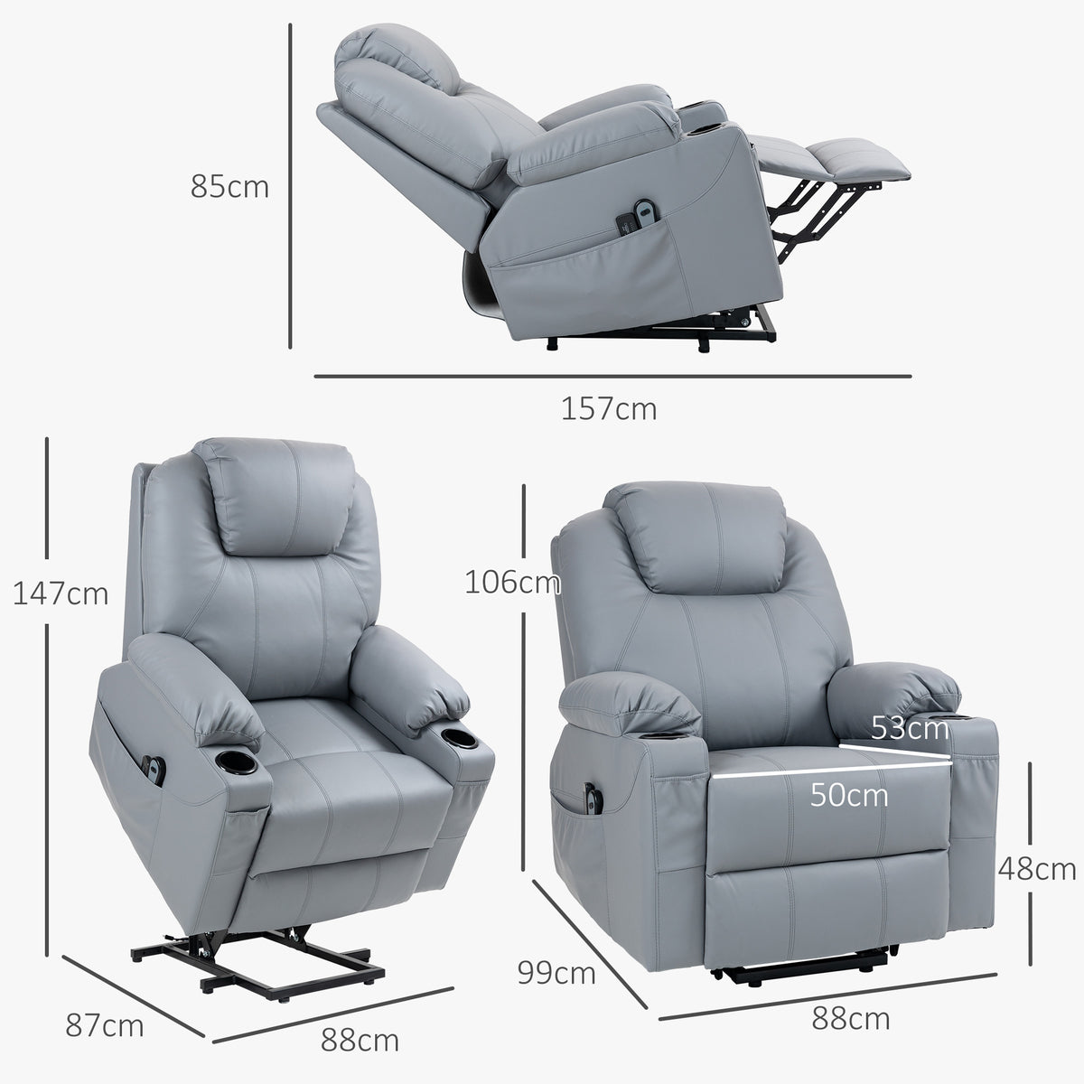 HOMCOM Massagesessel Aufstehhilfe Seniorensessel, 8 Massagemodi, neigbare Rückenlehne, 88c m x 99 cm x 106 cm,Grau