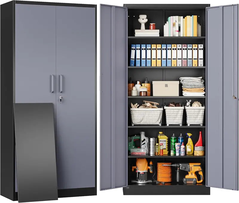 Heavy-Duty Lockable Metal Storage Cabinet – 71-Inch Black Steel Unit with Six Shelves for Garage, Office, or Workshop Use