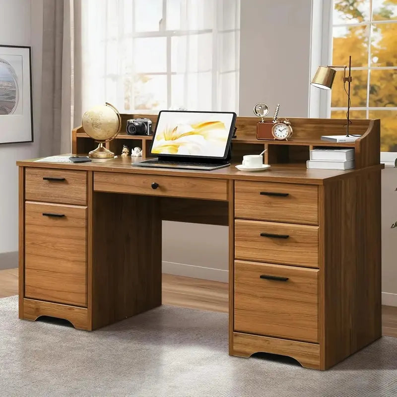 Vintage-Style Executive Desk with Storage – 58-Inch Wood Writing Desk Featuring Six Drawers and File Cabinet