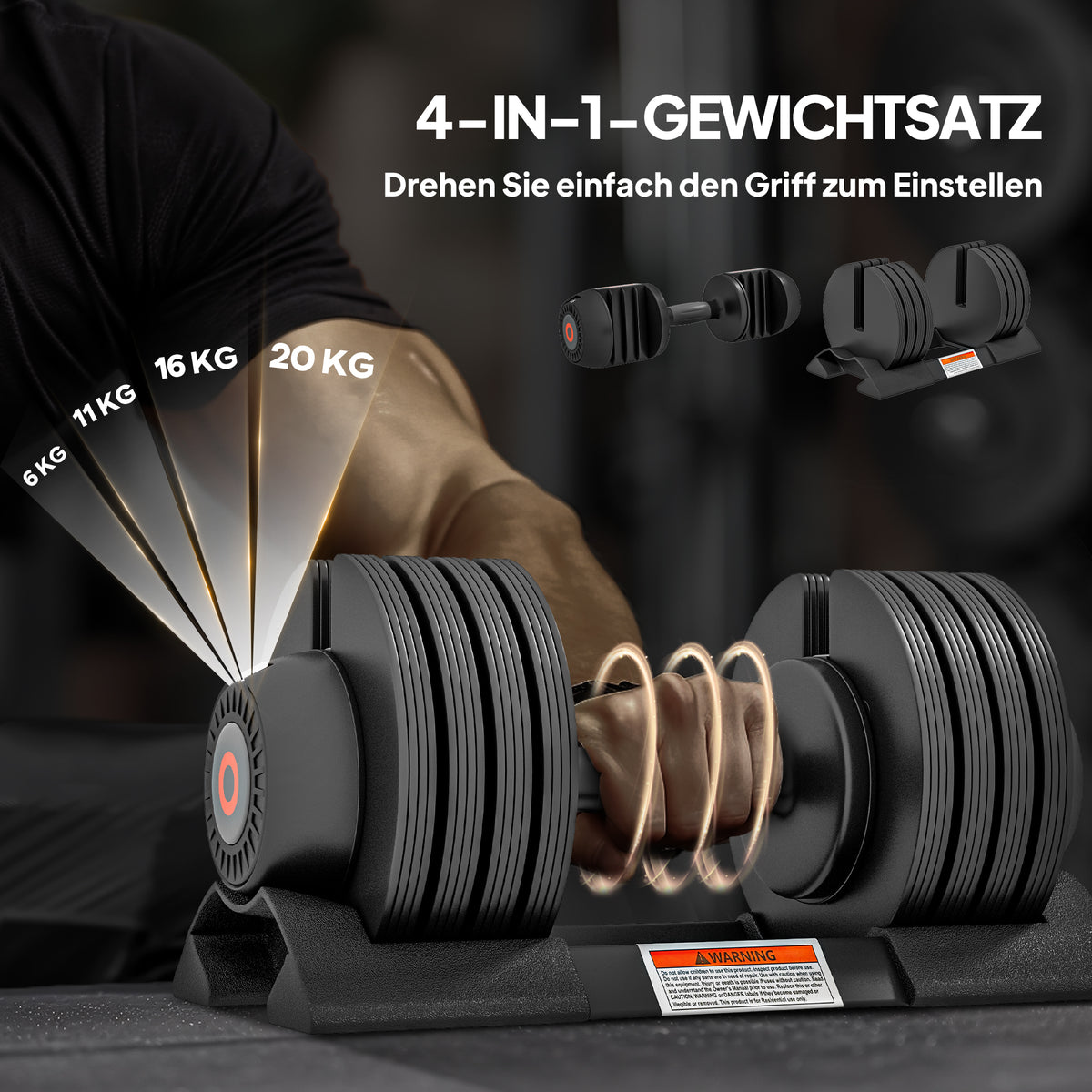 SPORTNOW Verstellbare Einzel-Hantel, 6/11/16/20 kg Kurzhantel mit Ablagefach, mit rutschfesten Griffen, Schwarz