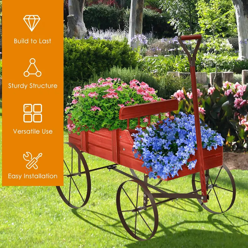 Wooden Wheeled Wagon Planter – Decorative Rolling Garden Planter for Patios and Landscapes