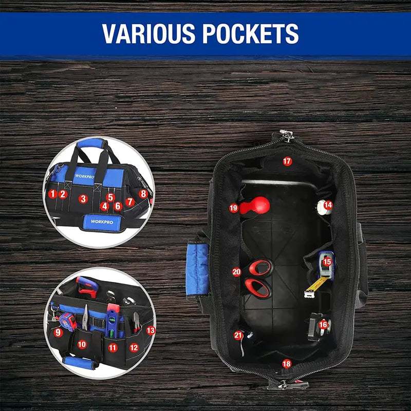 WORKPRO 16″ Wide-Mouth Waterproof Tool Bag – Molded Base for Stability & Durability