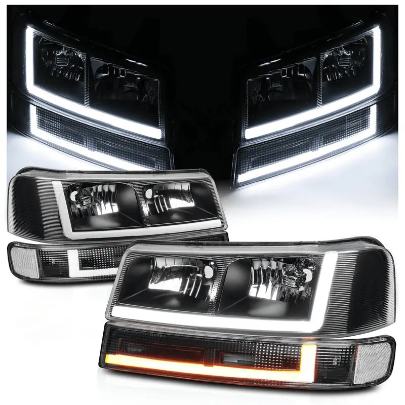 Set of 4 LED Running Light Bars (L+R) with Black Headlights & Bumper Signals – Direct-Fit Upgrade for 2003–2023 Chevrolet Express Vans