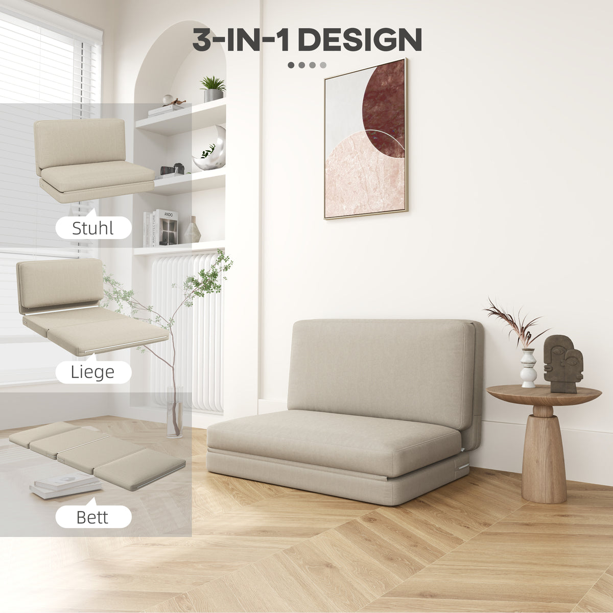 HOMCOM 2-in-1 faltbarer Relaxsessel, Gästematratze, teilbar, 120 cm breit, Beige