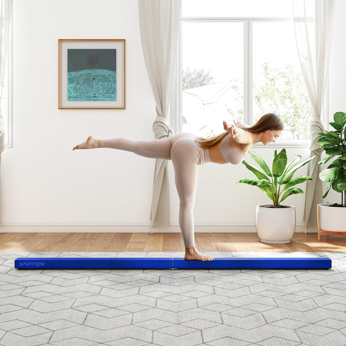 SPORTNOW Faltbarer Gymnastikbalken 240 cm aus Samt, Balance Beam mit rutschfestem Boden, für Kinder und Erwachsene, blau