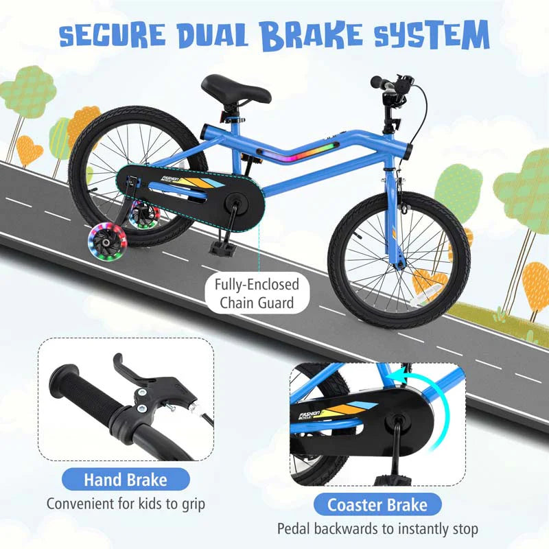 16/18 Inch LED Lighted Kids Bike with Training Wheels, Headlight, Adjustable Seat & Dual Brakes, Children Bicycle for Ages 4-8 Years