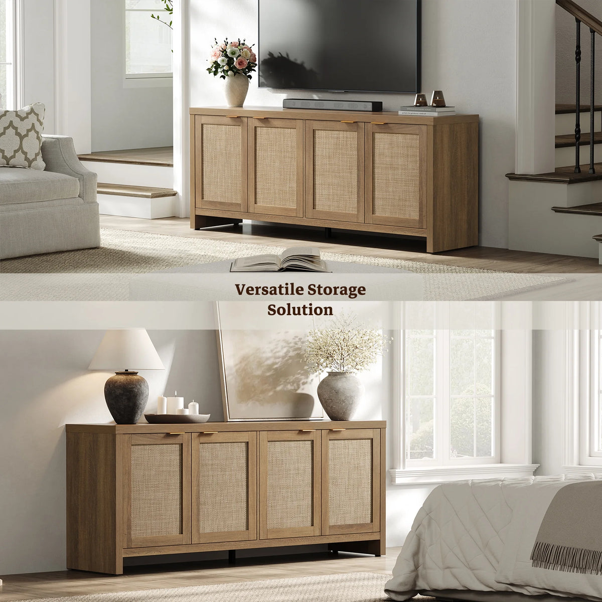 SICOTAS 61.5"w Rattan TV Stand with 4 Doors, Boho Entertainment Center with Adjustable Shelves & Spacious Countertop - Large Boho Farmhouse Media Console for Living Room, Reclaimed Caramel Oak