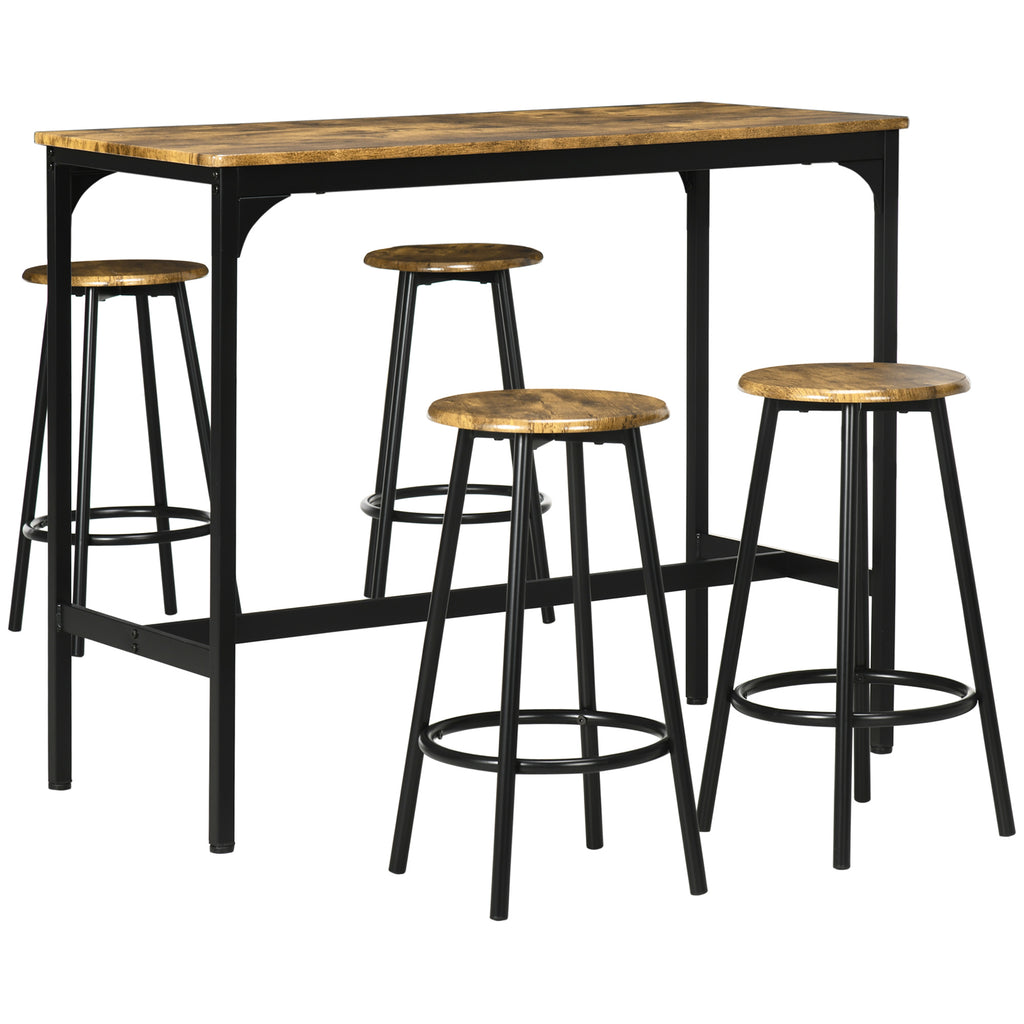 HOMCOM 5-tlg. Bartisch-Set im Industriedesign, 1 Bartisch, 4 Barhocker, Sitzgruppe, Küchentresen, Schwarz + Braun
