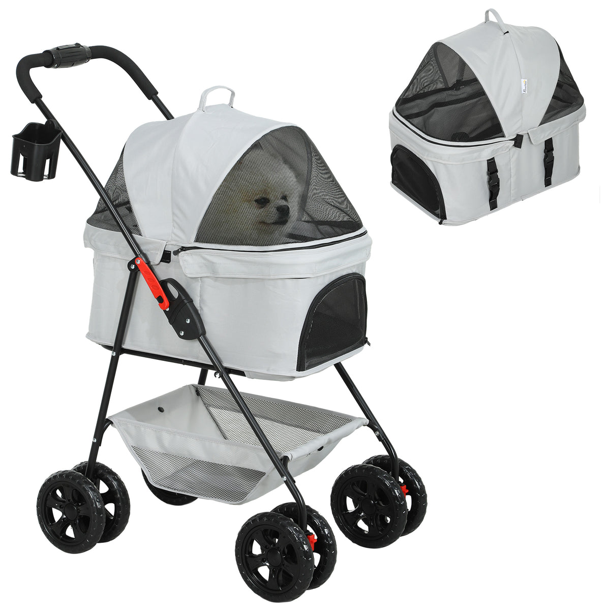 PawHut 3-in-1-Haustierkinderwagen, zusammenklappbarer Hundewagen mit 4 Rädern und abnehmbarer Trage für Hunde und Katzen, Grau