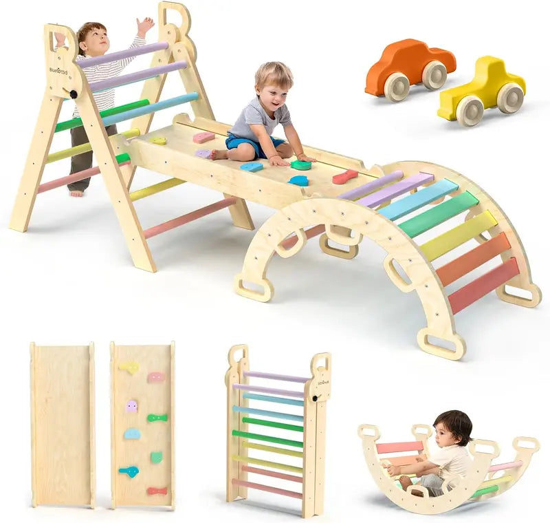 Rainbow Pikler Triangle 7-in-1 Foldable Baby Climbing Set – Wooden Montessori Toys with Arch, Ramp & Ladder for Toddlers Indoor Gym