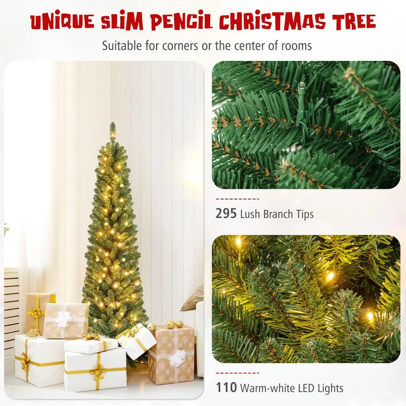 Slender Pre-Lit Pencil-Style Christmas Tree for Compact Home or Office Spaces