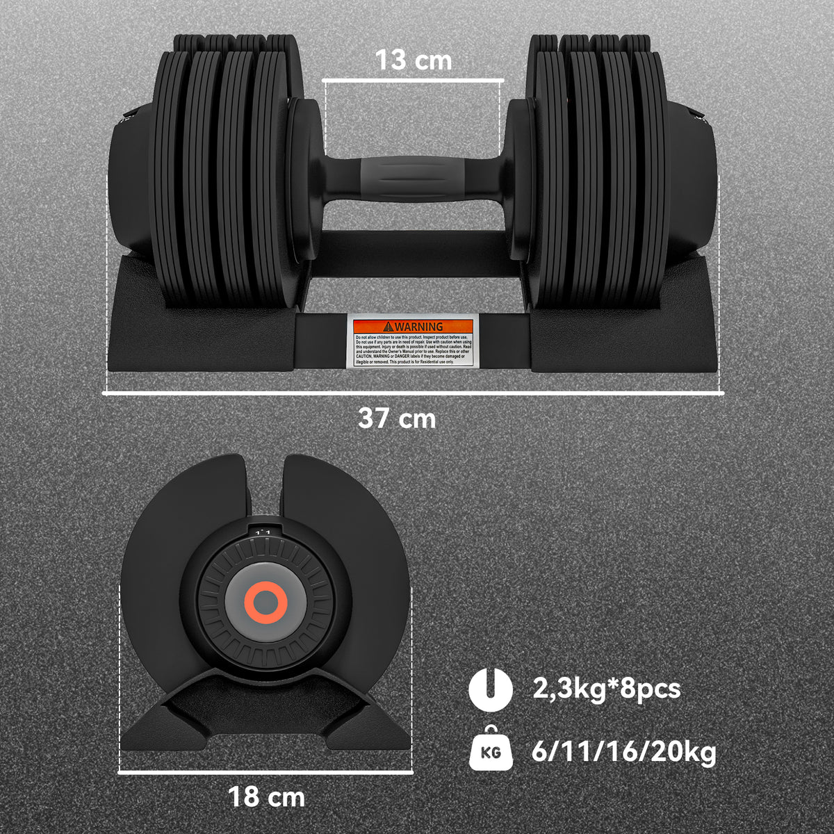 SPORTNOW Verstellbare Einzel-Hantel, 6/11/16/20 kg Kurzhantel mit Ablagefach, mit rutschfesten Griffen, Schwarz