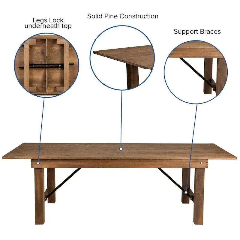 Rustic Farmhouse Folding Dining Set – 8-Foot Table with 10 Cross-Back Chairs and Seat Cushions