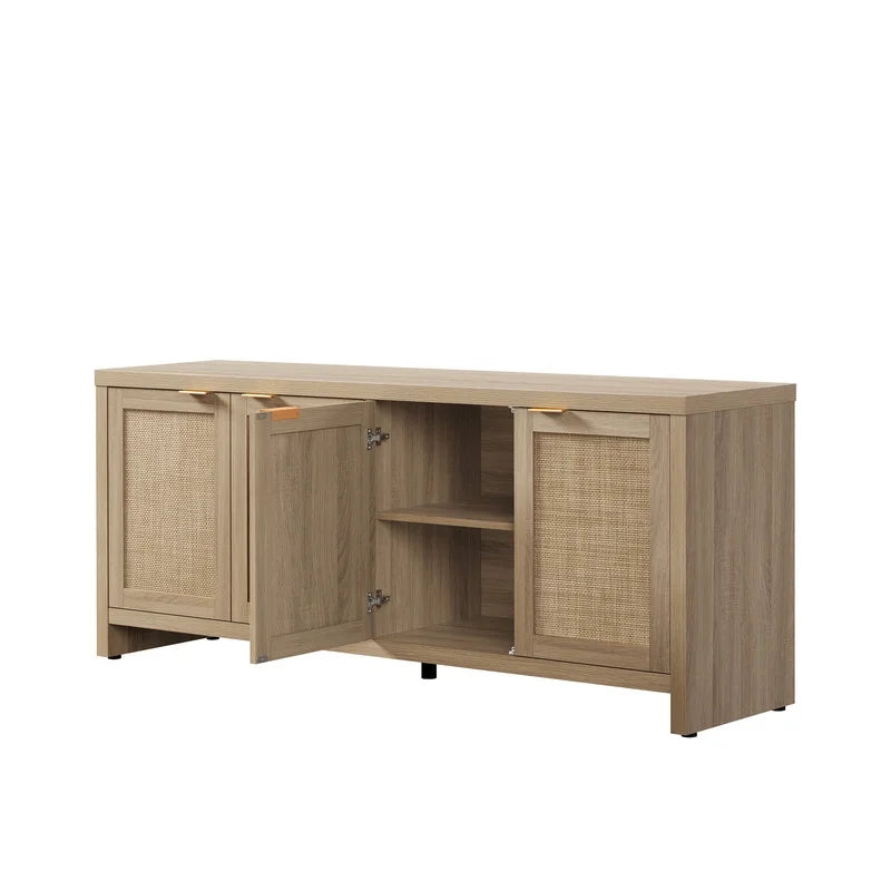 SICOTAS 61.5"w Rattan TV Stand with 4 Doors, Boho Entertainment Center with Adjustable Shelves & Spacious Countertop - Large Boho Farmhouse Media Console for Living Room, Reclaimed Caramel Oak