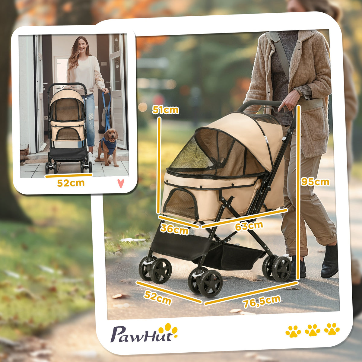 PawHut Hundewagen Hundebuggy klappbar, 1 Korb, 2 Bremsen, inkl. Sicherheitsleine, Hellbraun