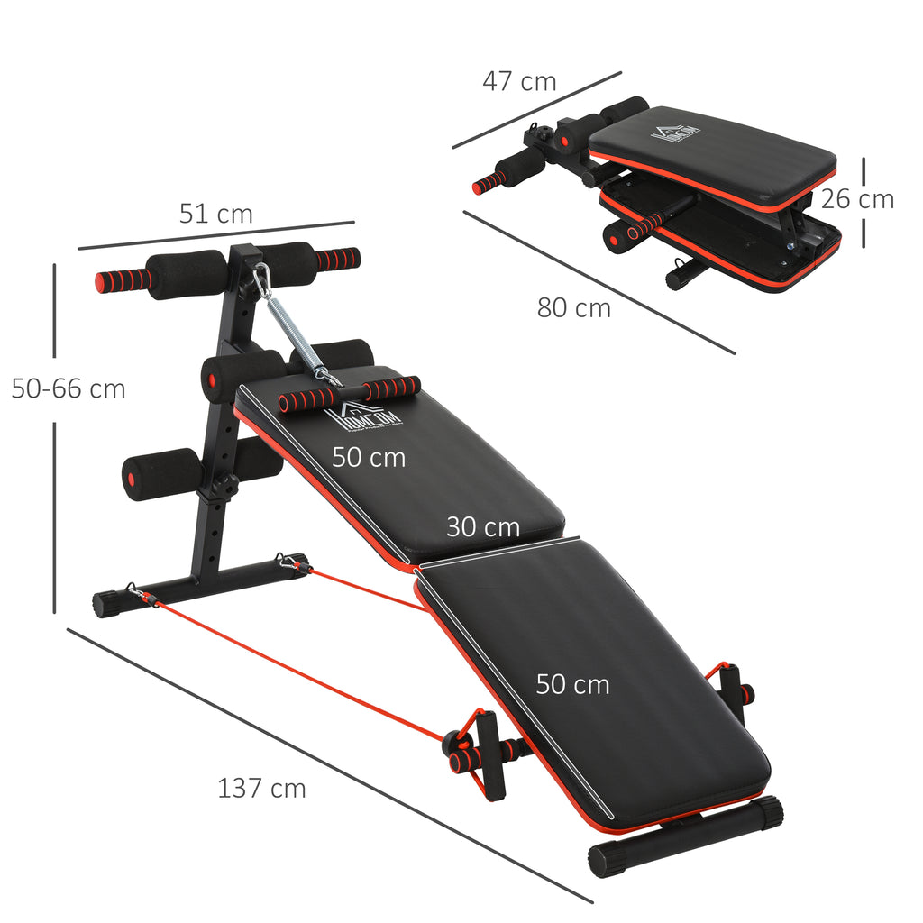 HOMCOM Sit Up Bank Bauchtrainer mit Trainingsseile Trainingsbank Multifunktion Verstellbar&klappbar 110 kg Belastbarkeit Stahl Schwarz+Rot 137 x 51 x 50-66 cm