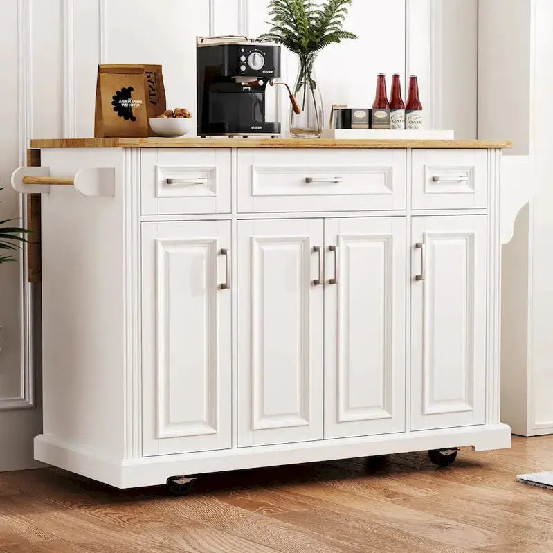 Rolling Kitchen Island Cart with Drop-Leaf Tabletop, Embossed Finish, Cabinet Doors, and Drawer Storage – White
