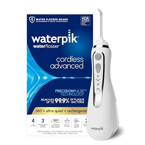 Waterpik Cordless Advanced 2.0 Water Flosser – White WP-580, ADA Accepted, Travel Bag, 4 Tips, Rechargeable, Waterproof