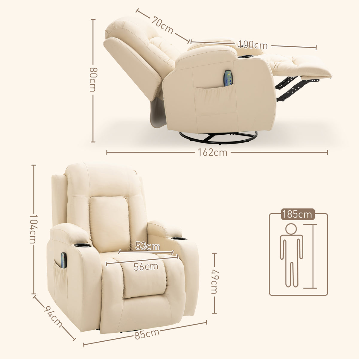 HOMCOM Massagesessel, Relaxsessel, Wippfunktion, 8 Vibrationspunkte, inkl. Fernbedienung, Creme