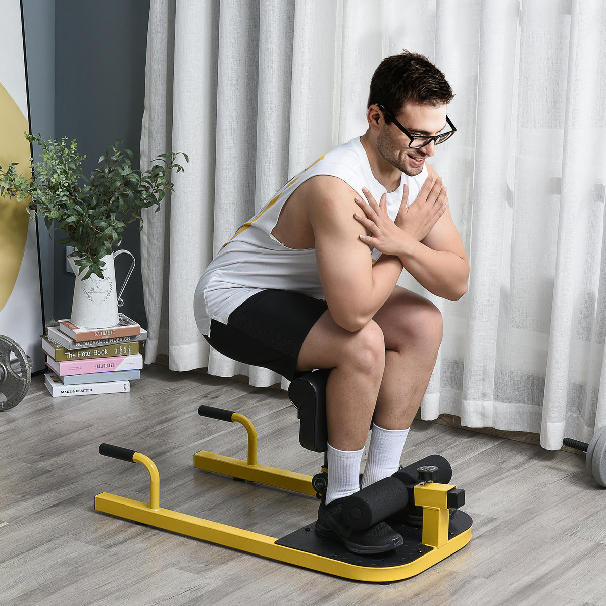 HOMCOM Sissy Squat Kniebeugentrainer Beintrainer Bauch-Gesäß-Trainer 3 in 1 Trainer verstellbar bis 120 kg Stahl Gelb+Schwarz 50 x 97 x (44,5–56,5) cm
