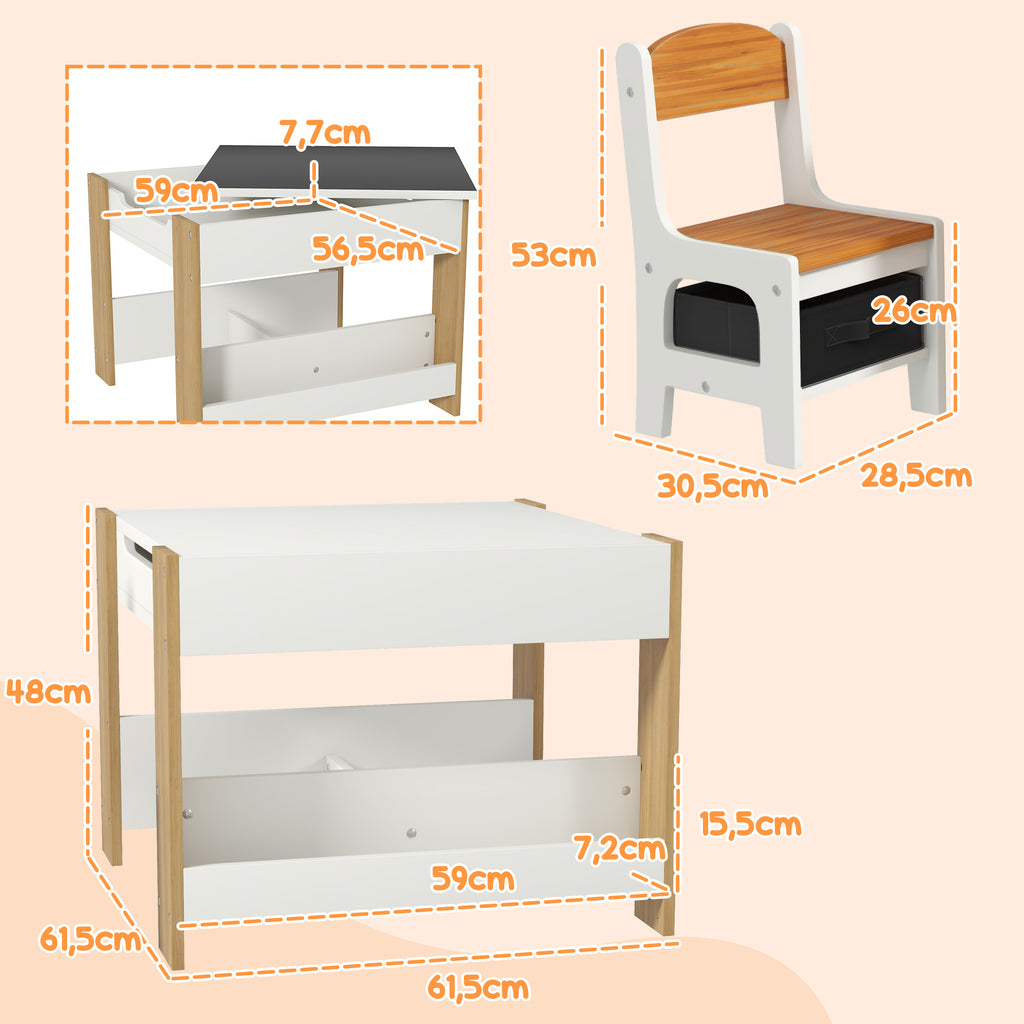 HOMCOM 3-teiliges Set Tisch und 2 Stühle für Kinder mit umdrehbarer Tischplatte, Tafel, Stauraumkorb
