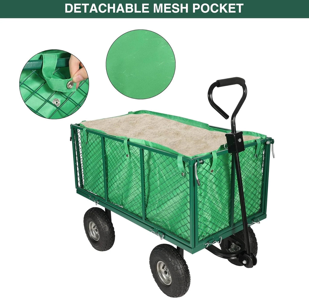 REDCAMP 900 lb Capacity Garden Cart Outdoor Utility Wagon Cart with Wheels Metal Heavy Duty Yard Wagon Flatbed W/ Pocket, Green