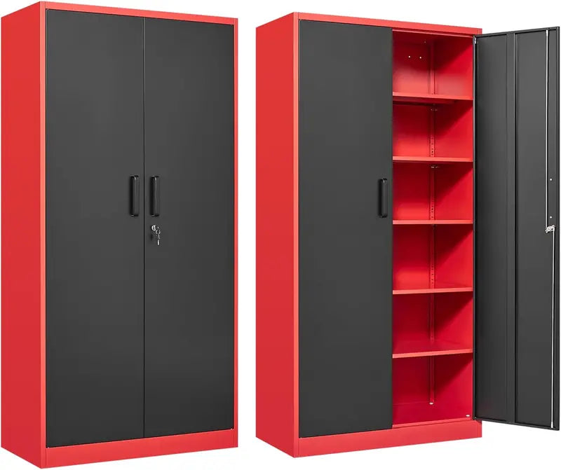 Heavy-Duty Lockable Metal Storage Cabinet – 71-Inch Black Steel Unit with Six Shelves for Garage, Office, or Workshop Use