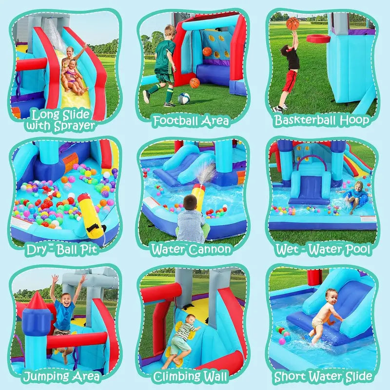 ROOJER Crocodile Water Park 8-in-1 Inflatable Slide & Bounce House with Blower, Pool & Cannons for Kids