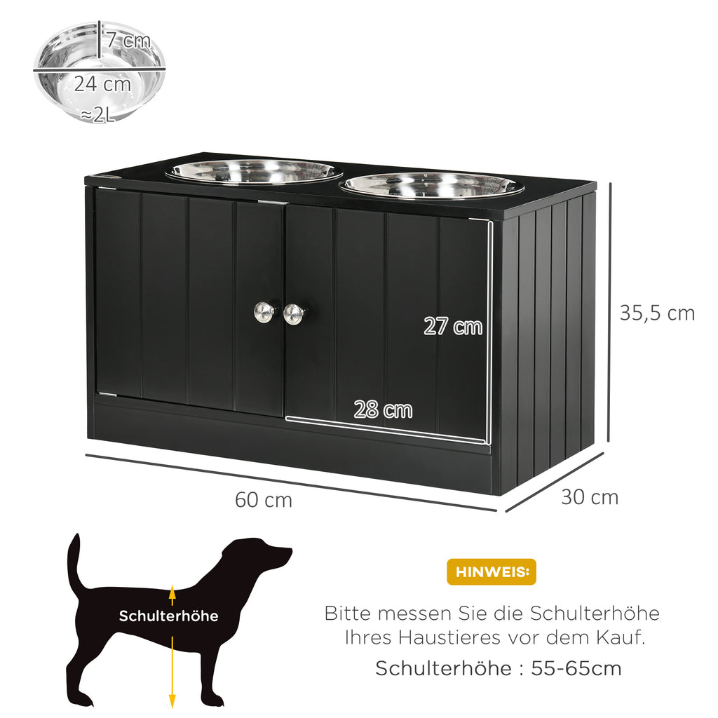 PawHut Erhöhte Futterstation mit 2 Edelstahlschüsseln und 44 L Stauraum, Magnettüren, für große Hunde, Schwarz