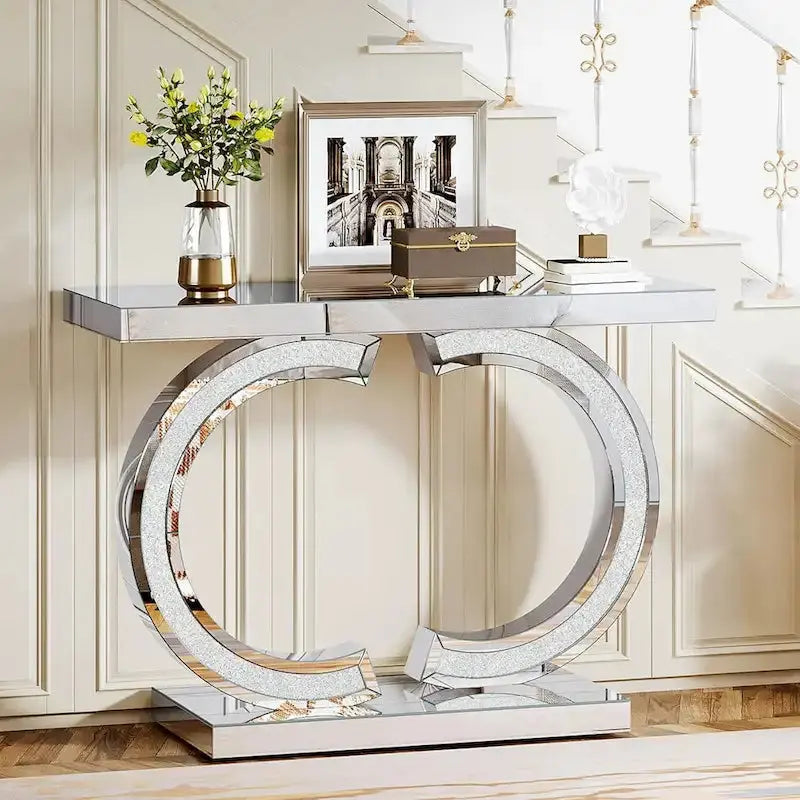 Silver Mirror-Fronted Console Table – 39-Inch Entryway or Hallway Accent Piece