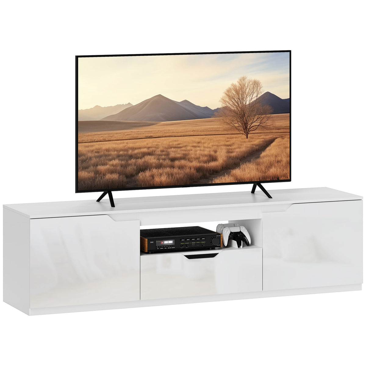 HOMCOM TV-Lowboard, Hochglanz, für Fernseher bis 65'', 3 Fächer, Schublade, 160 x 38 x 43 cm, Weiß