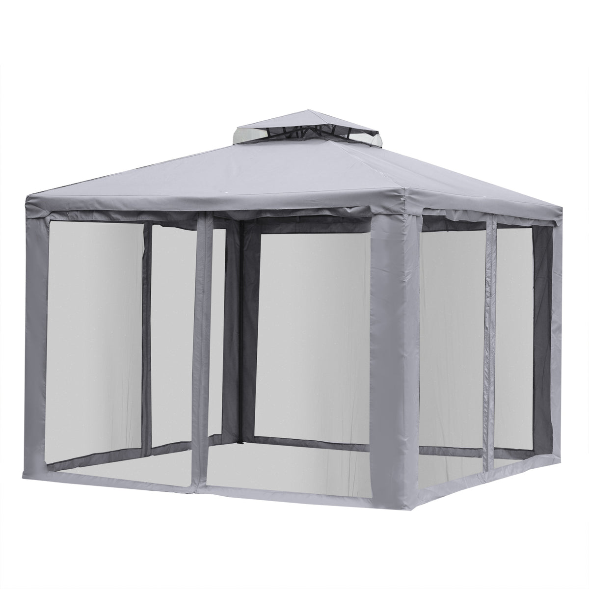 Outsunny Pavillon mit Doppeldach, 3x2 m Wasserdicht Stabil Winterfest Gartenpavillon mit Moskitonetz, Seitenteile, Garten-Pavillon aus Metall, für Garten, Terrasse, Hellgrau