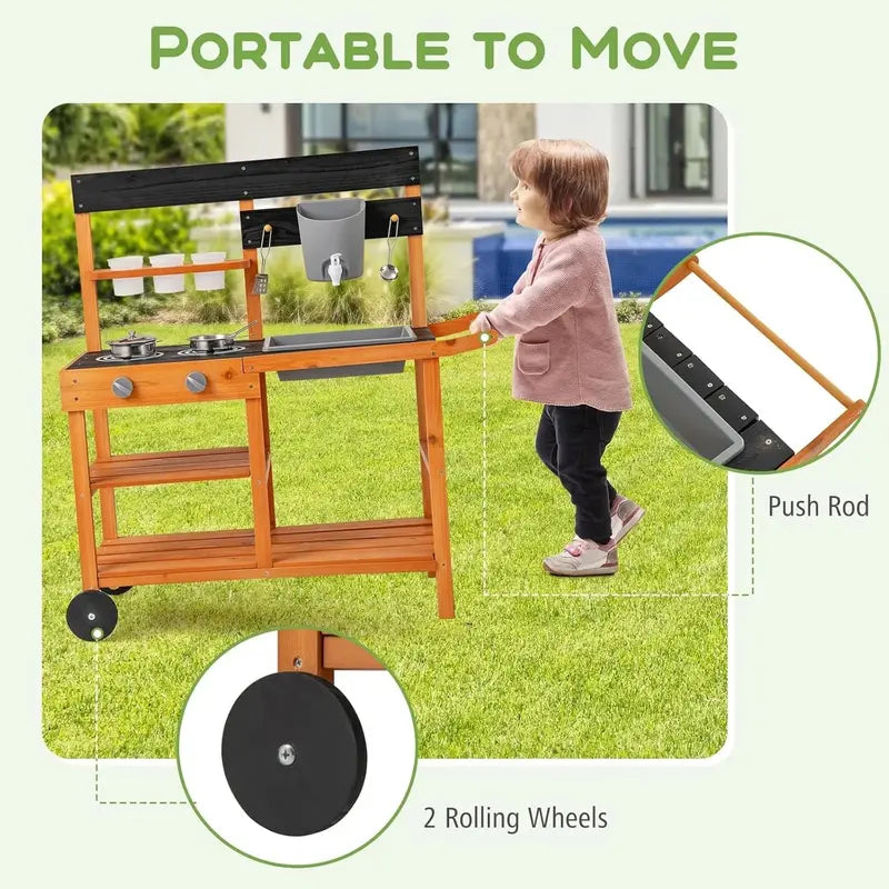 OLAKIDS Outdoor Mud Kitchen Playset – Rolling Wooden Kids' Cooking Station with Removable Sink, Accessories, and All-Terrain Wheels for Ages 3+
